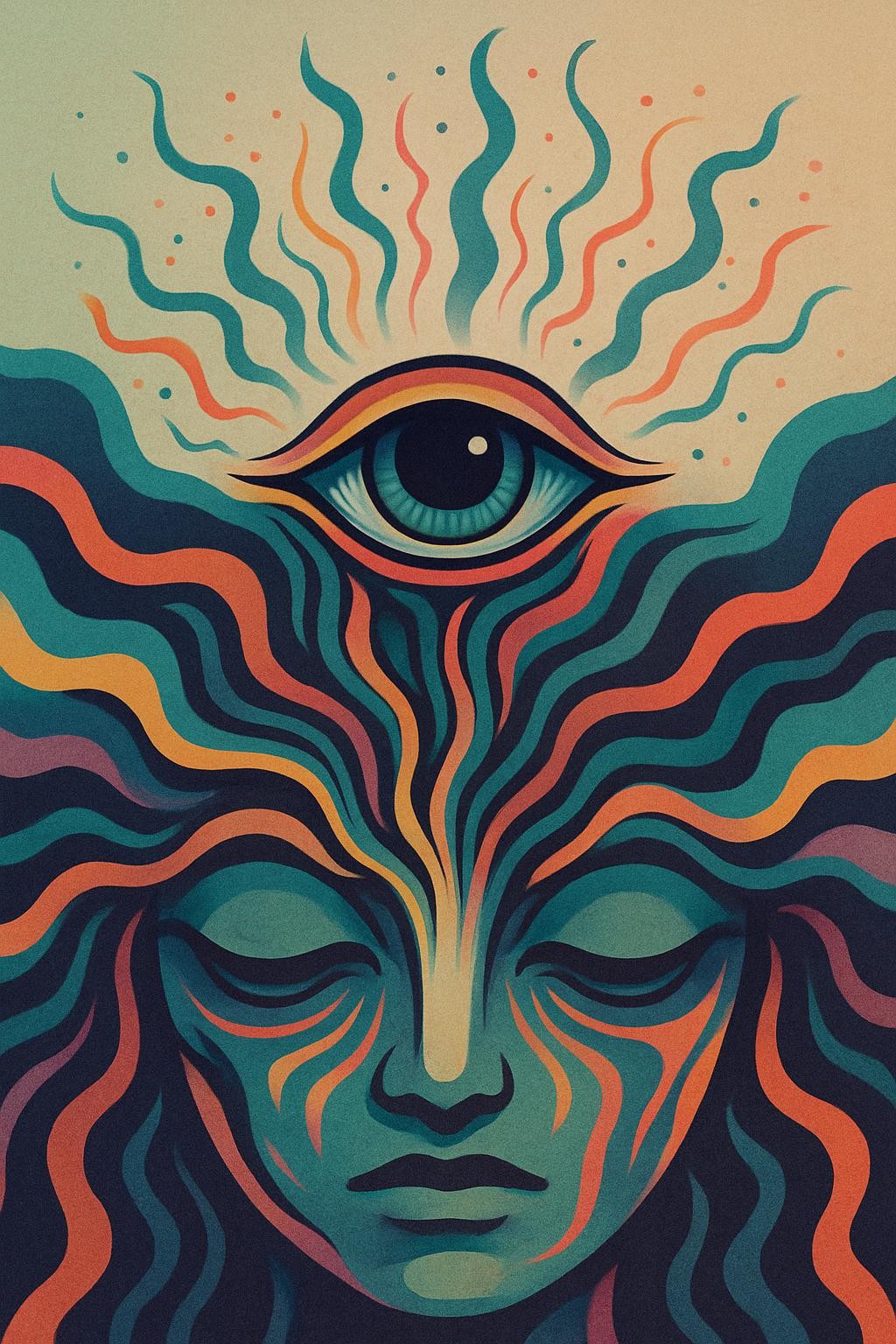 a trippy, abstract, and edgy illustration of an awakened third eye, vibrant colors, mystical effects, bold creative modern style, no real human, matches site aesthetic