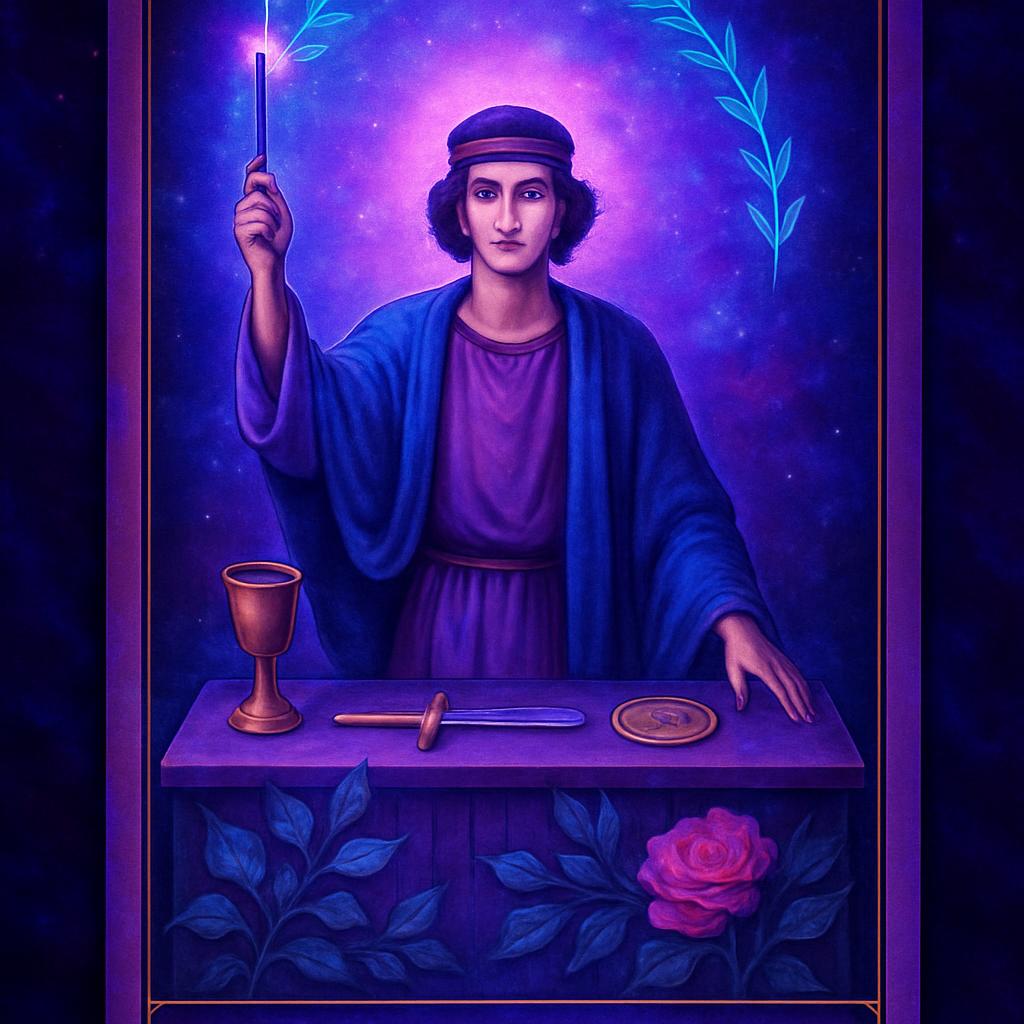 The image depicts a man with fair skin, dark, curly hair, and a reddish headband, donning a purple robe over a royal blue ...