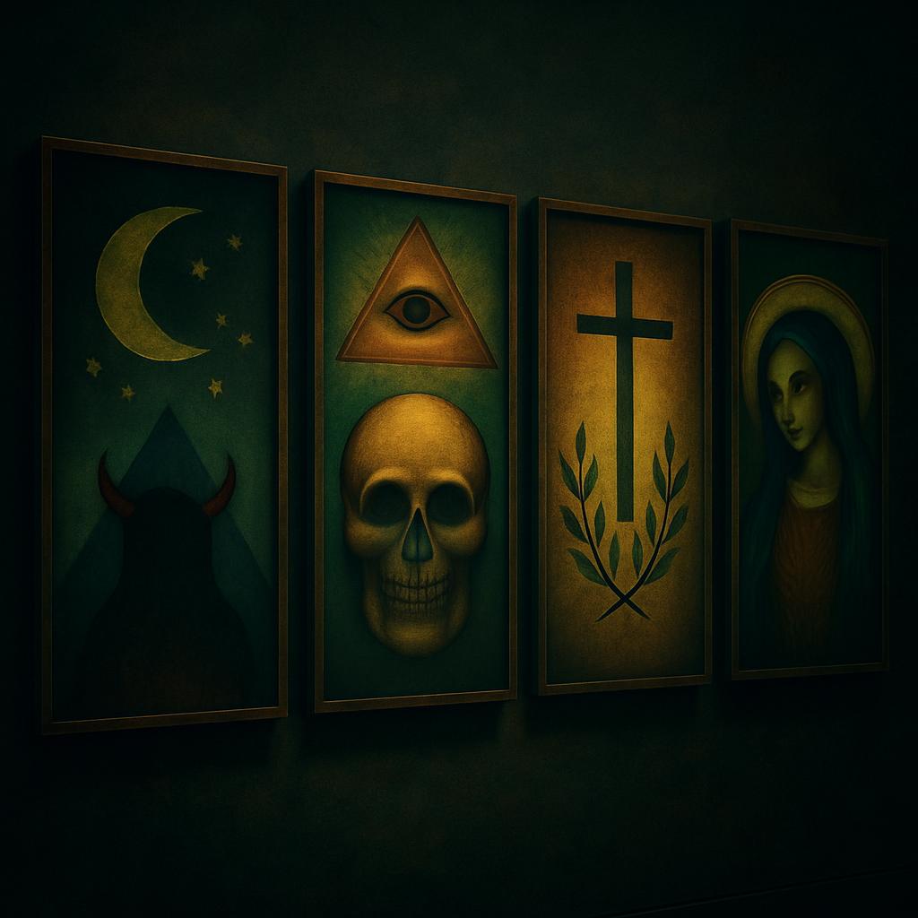 the monoptych (also known as triptych) masterpiece by Dali, depicting an eye, skull, and Christian cross