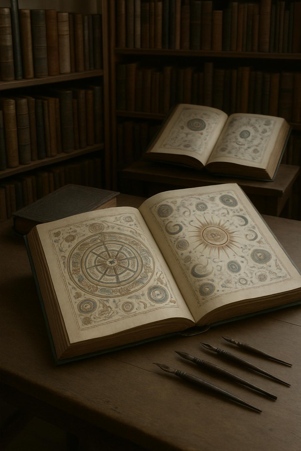 A well-lit room in a library, dedicated to antique, leather-bound books. The foreground features an open keepsake book wit...