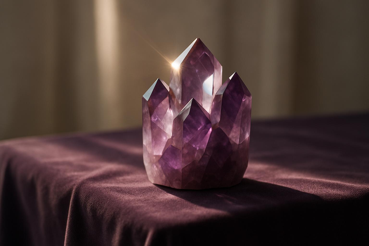 This image shows a mid-sized gemstone in the shape of a smaller crown laid underneath a blanket that could be velvet. The ...