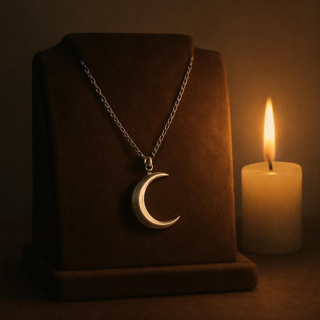 A silver crescent moon pendant hangs from a silver chain, displayed on a dark brown velvet stand. The scene is illuminated...