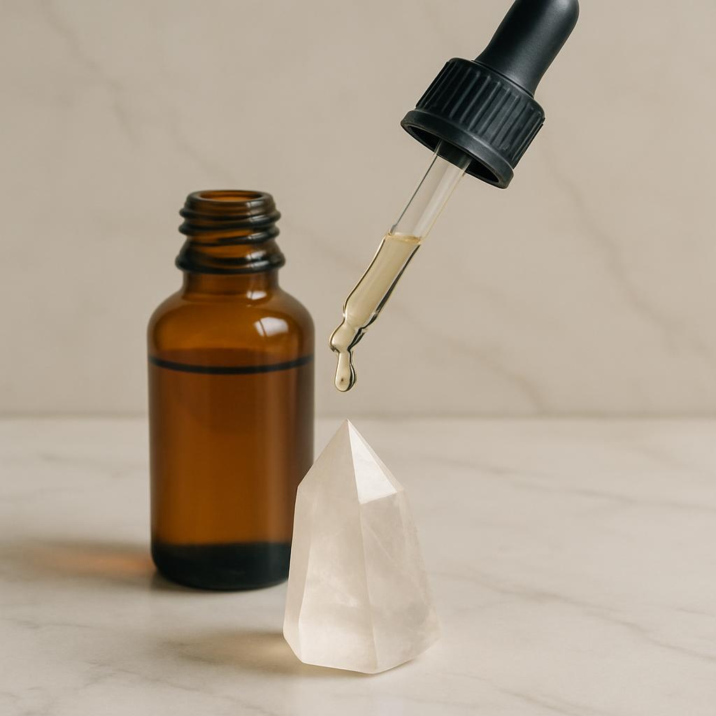 A dropper is suspended over a glass bottle containing brown liquid, with a crystal-shaped object situated in front of the ...