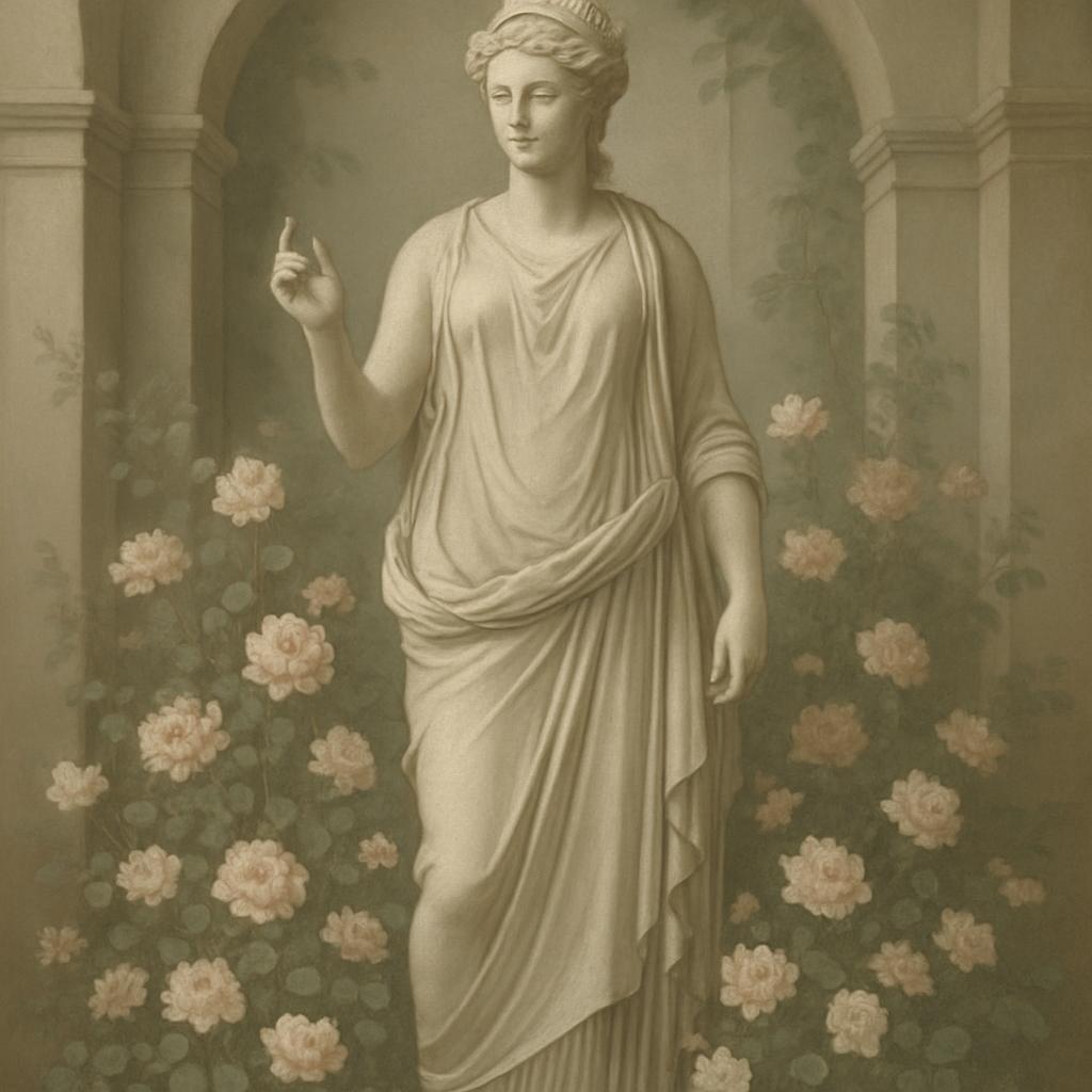 GARDEN SCENE WITH FLOWERS AND GODDESS; ROSY - PURPLE COLORED FLORAL DESIGN; WHITE FLOWERS ON SIDE OF A CLAY CROCHET AT SAM...