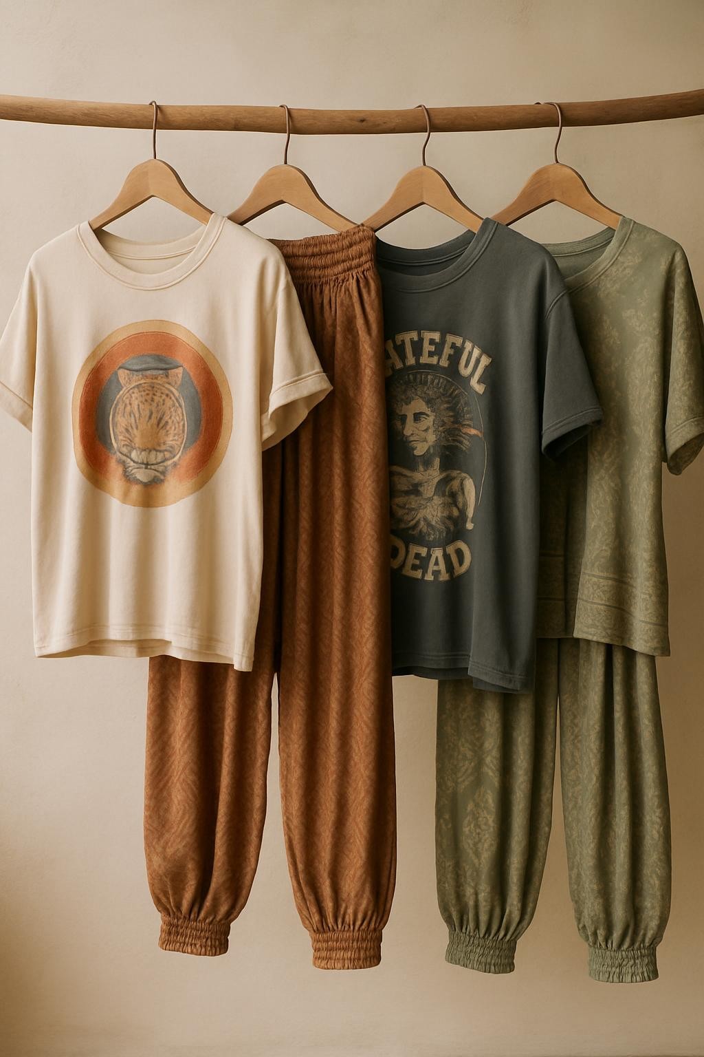 modern and colorful vintage and boho clothes, including band tees and harem pants, styled to attract festival-goers, matching the store's aesthetic