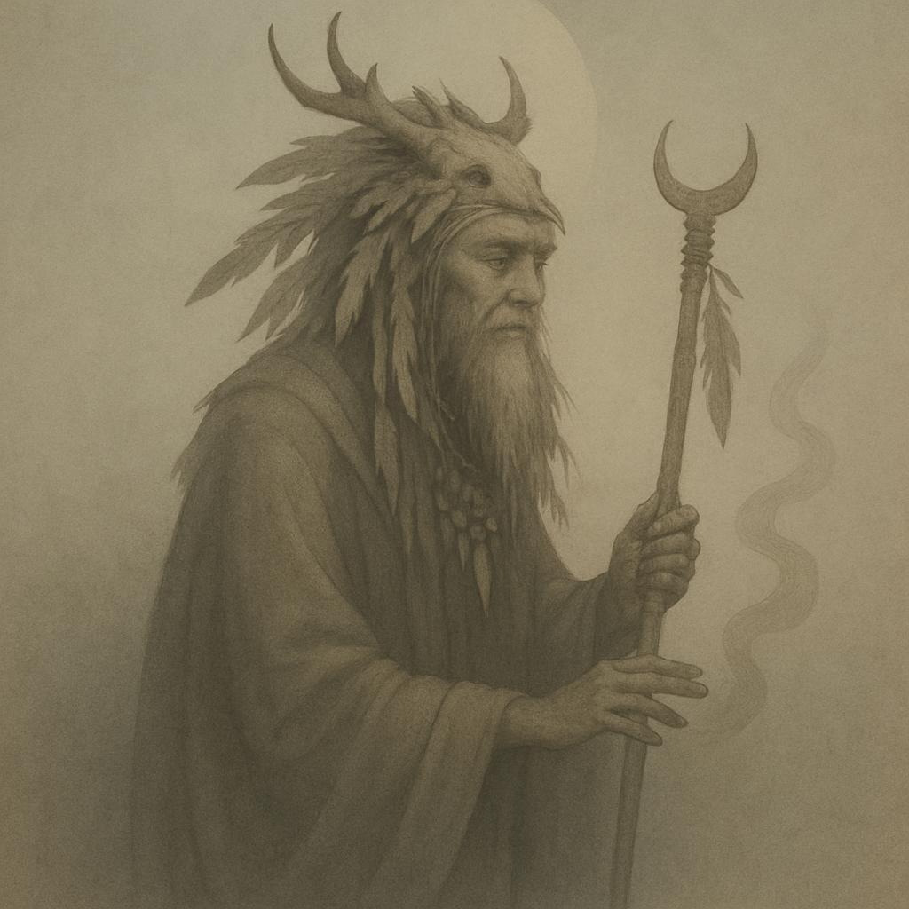 A man with a long white beard, wearing a feathered headdress adorned with antlers and horns, holds a staff with a hook at ...