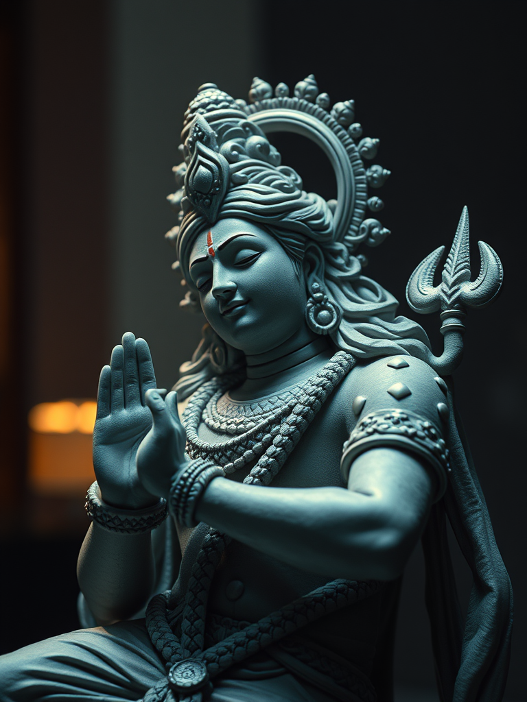 A statue of the Hindu deity Shiva, depicted in a serene and contemplative pose, set against a dark background.