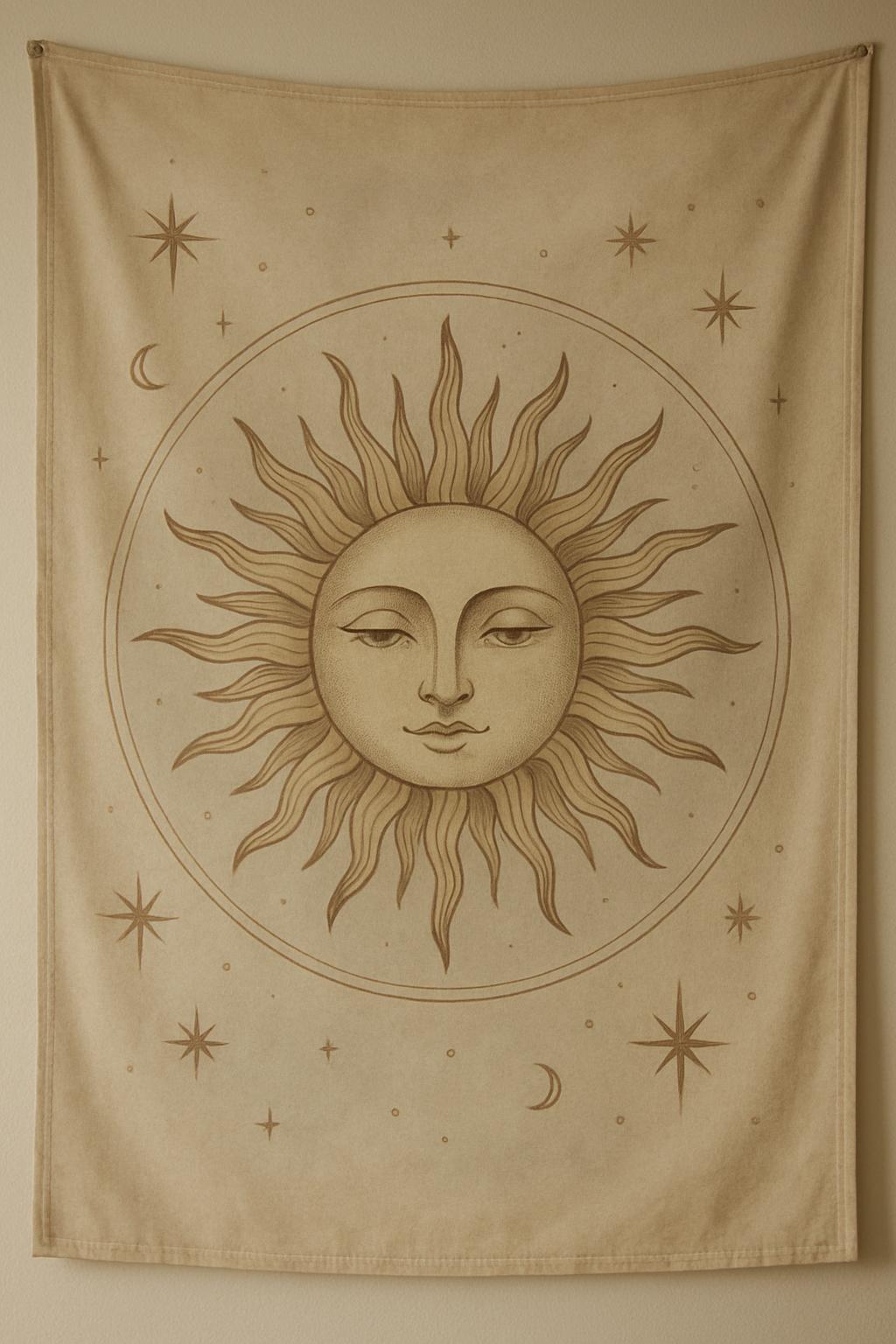 A tapestry of a sun face surrounded by celestial themes in brown or brownish red on a light tan background, hanging on a w...