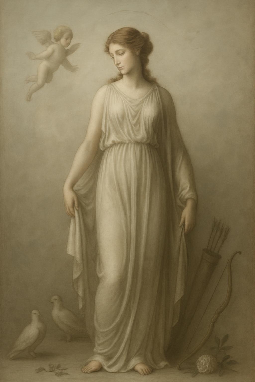 The painting, rendered in a soft sepia tone, depicts a serene woman draped in a flowing white dress, her fair skin complem...